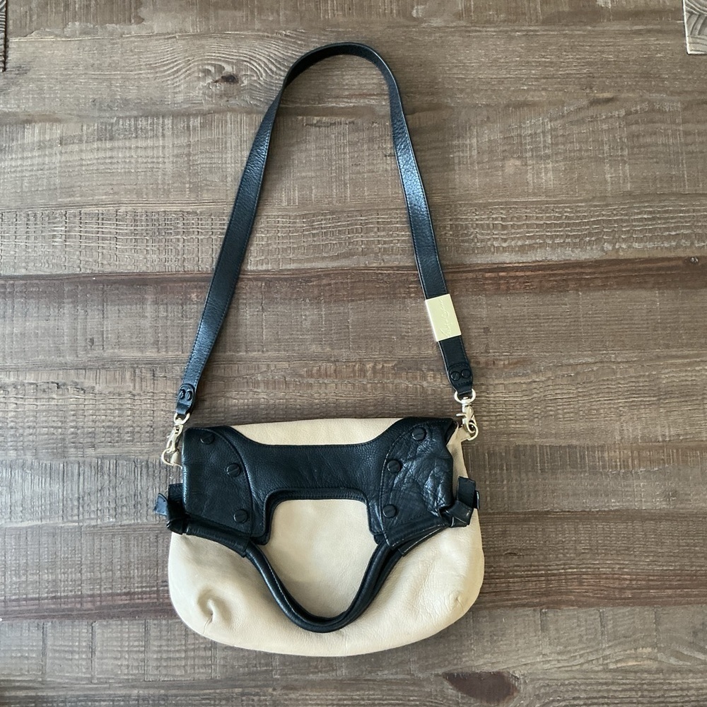 Foley and Corinna Two-Tone Black and Cream Fold Over Italian Leather Bag